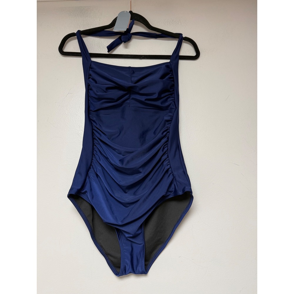 Smismivo One Piece Swimsuit Womens L Navy Blue‎ NEW Ruched Halter Slimming 8430